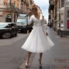Простое Короткое свадебное платье-трапеция Verngo 2021 с длинным рукавом и V-образным вырезом, Мягкая атласная и Тюлевая юбка, свадебное платье длиной ниже колена, женское платье
