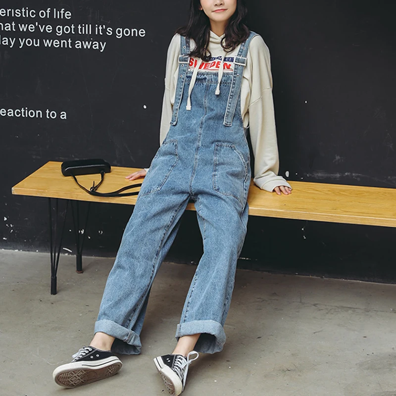 Женские джинсовые брюки с широкими штанинами синие свободные комбинезоны на