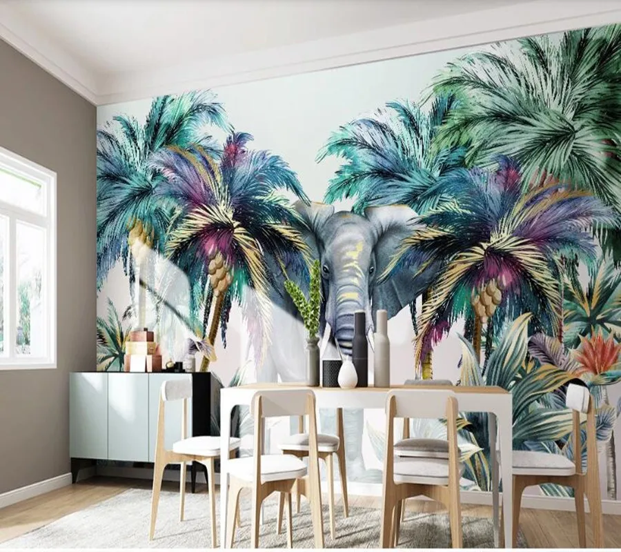 

Forest animal tropical plant elephant coconut tree 3d wallpaper papel de parede living room tv wall kids' bedroom cartoon mural