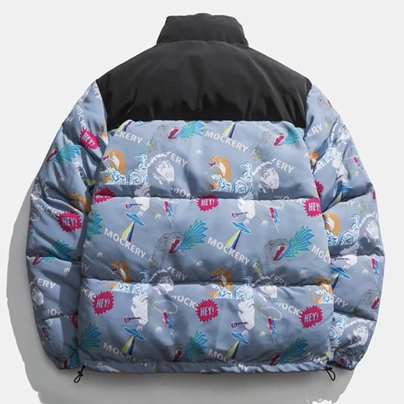 Aolamegs Winter Jacket Men Parkas Tiger Japanese Comics Anime Patchwork Hip Hop Fashion Thick Warm Zipper Coat Couple Streetwear