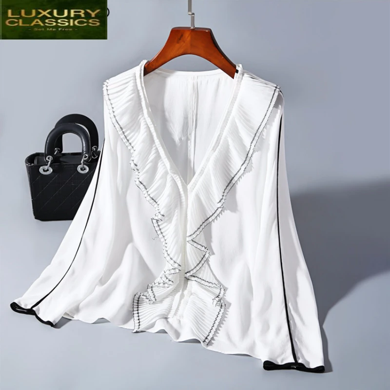 Shirt Real Ruffle Silk Blouse Womens Tops Blouses Korean Fashion Clothing Long Sleeve Sexy V Neck Shirts Spring LWL1626