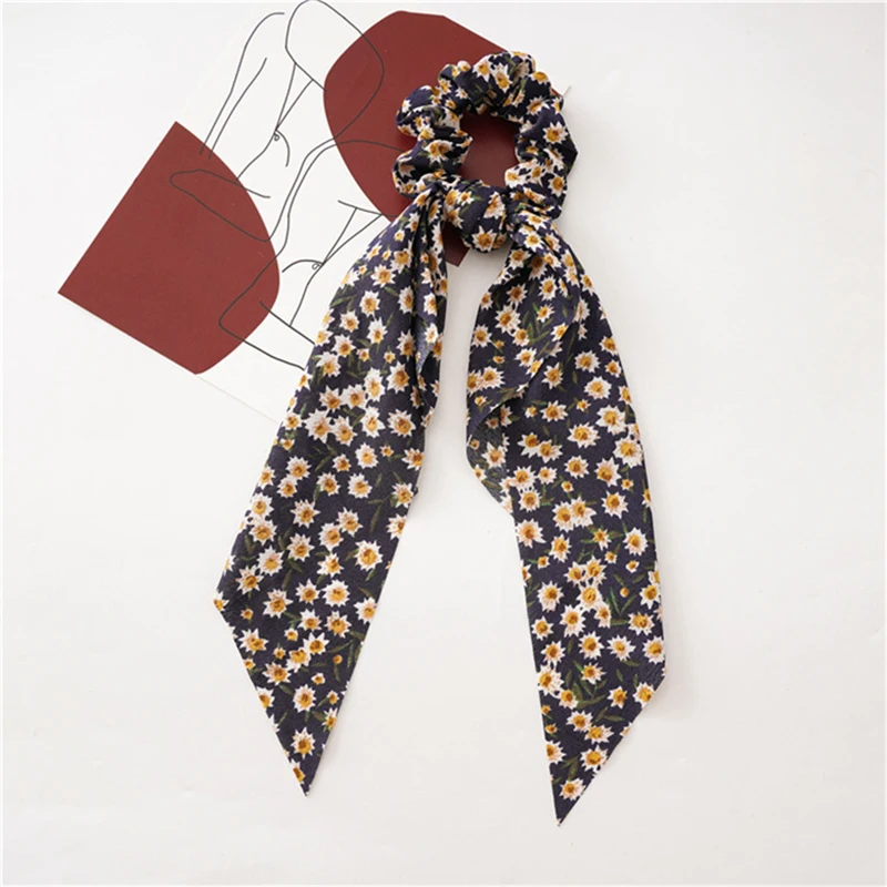 

Fashion Floral Print Girls Sunflower Bows Rubber Bands Scrunchie Chiffon Elastic Hair Bands For Women Hair Ties Accessories Hot