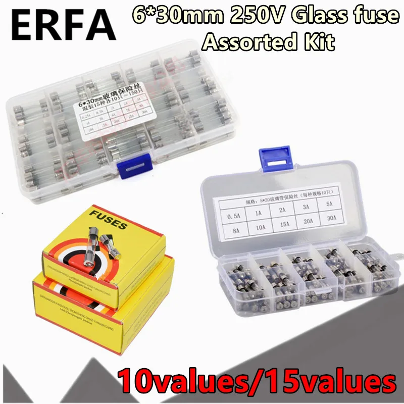 15values*10pcs=150pcs 10values*5pcs 6*30mm 250V Glass fuse Assorted Kit + BOX 6x30 0.25A 0.5A 1A 2A 3A 4A 5A 6A 7A 8A 10A 15A