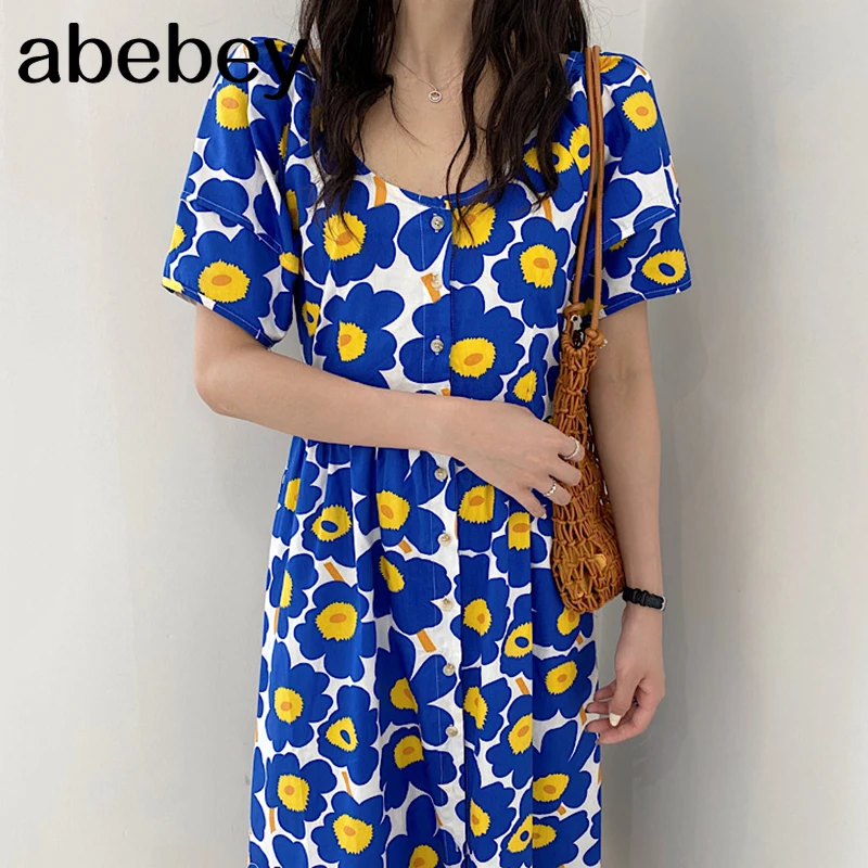 

New Summer Fashion All-match O-neck short sleeve Dress high waist slim single breasted print Dress 2021