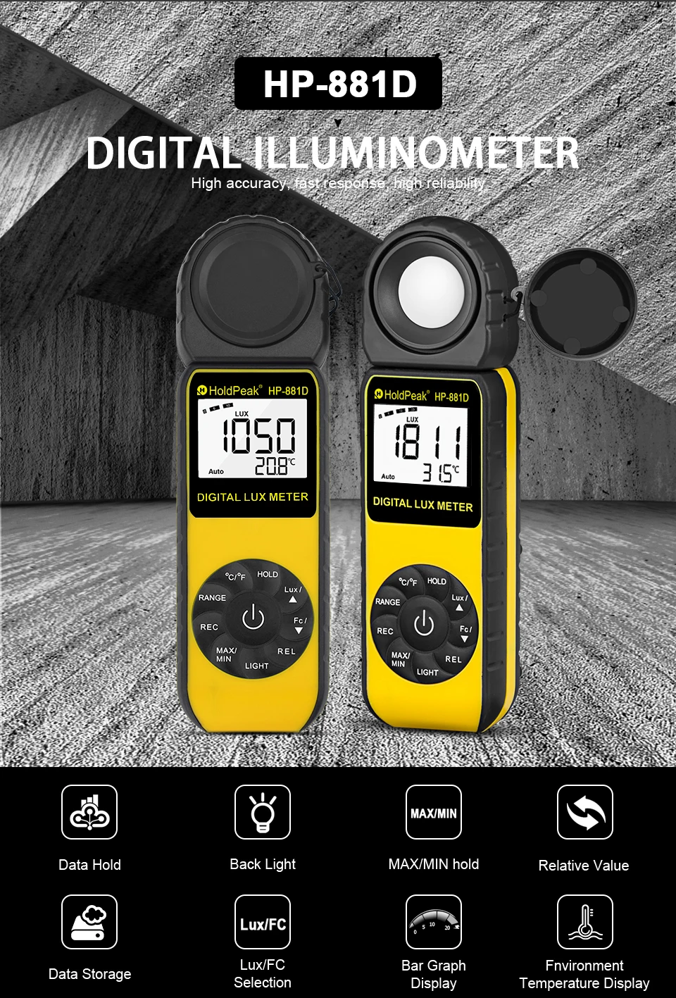HoldPeak HP-881D, цифровой люксовый метр 4000000 Люкс/FC выбор, Высокоточный Цифровой Люксметр, ручной осветительный прибор