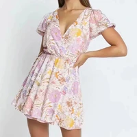 summer women fashion chiffon wrap dress cross deep v neck mini printed floral dresses tether elastic waist slim a line vestidos