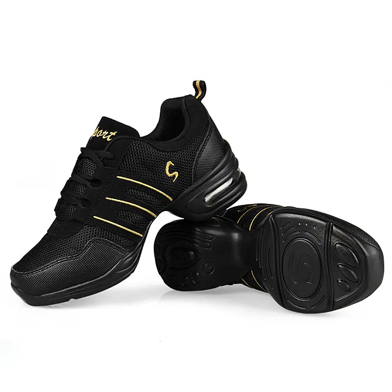 Women's Soft Bottom Jazz Hip Hop Dance Sneakers Lightweight Breathable Woman Dancing Shoes Ladies Modern Sports Dance Shoes - Цвет: black gold