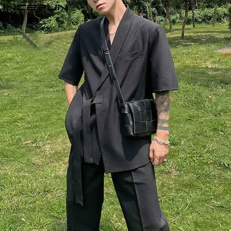 

INCERUN новые мужские комплекты 2021 модные повседневные рубашки с коротким рукавом на шнуровке Длинные брюки костюм для отдыха уличный костюм 2 ...