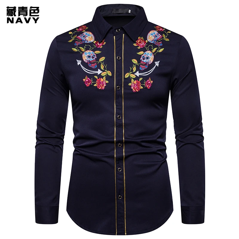 0 Navy Shirt Брендовая мужская рубашка высокого качества с вышивкой черепа, рубашка, приталенная Повседневная ковбойская рубашка с длинными рукавами, европейские размеры, рубашки размера XXL - Цвет: 0 Navy Shirt