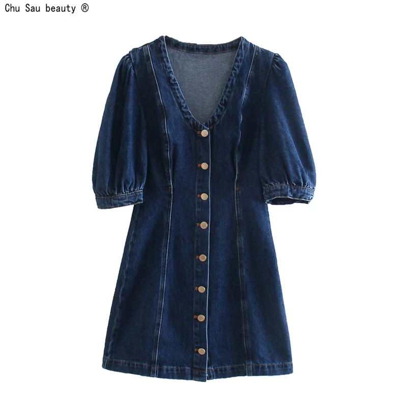 

Autumn New Fashion College Style Mini Single-Breasted Female Casual Slim-Fit Solid Color V-Neck Puff Sleeve Denim Dress Women