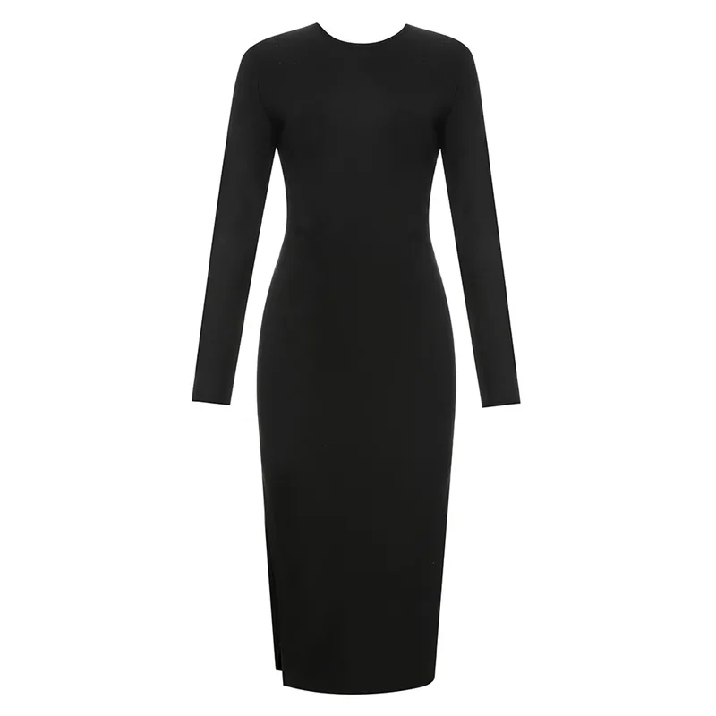 Женское вечернее платье с открытой спиной черное облегающее длинным рукавом и