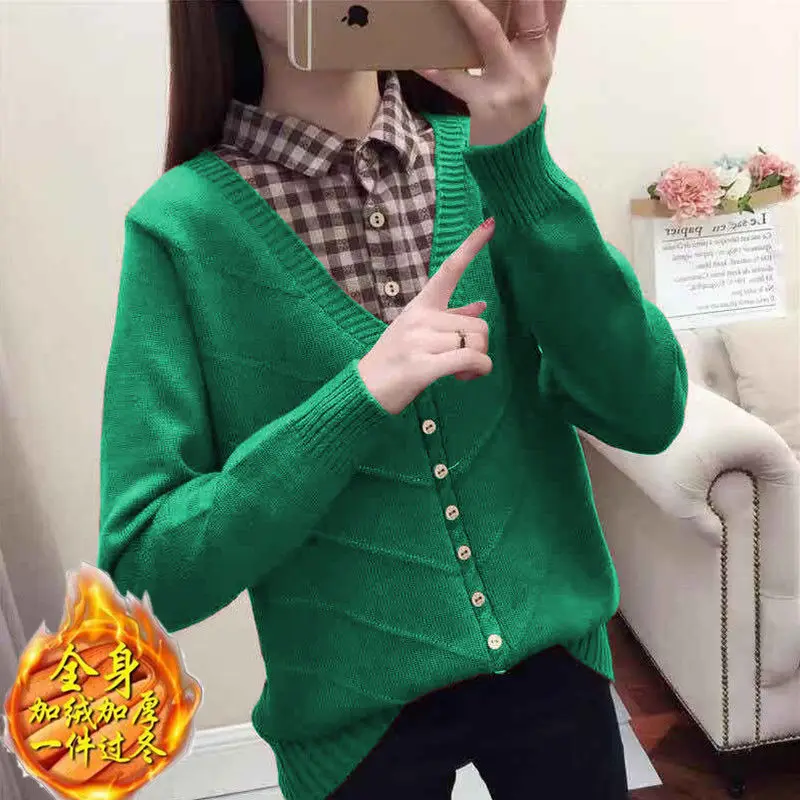 

Spring and Autumn New Sweater Women V-neck Fake Two-Piece Loose Short Western Style Pullover Knit Low Waist Jersey Top Fashion