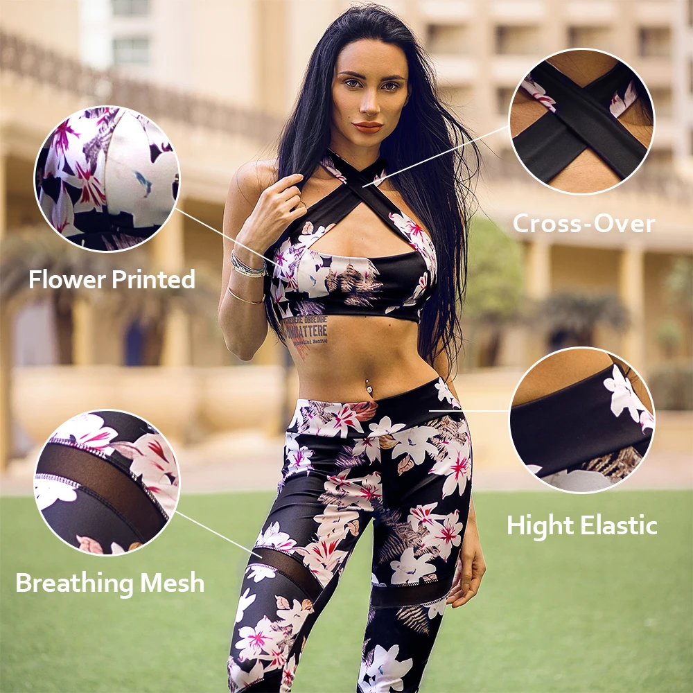 Женские спортивные костюмы для йоги с цветочным рисунком фитнеса бега