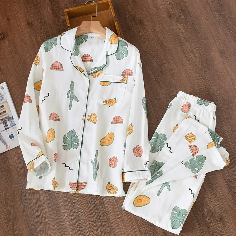 Japan's New Women's Long Sleeve Pajamas Set Pure Cotton Fashion Print Comfortable Women's Pajamas Home Can Wear Women's Pajamas