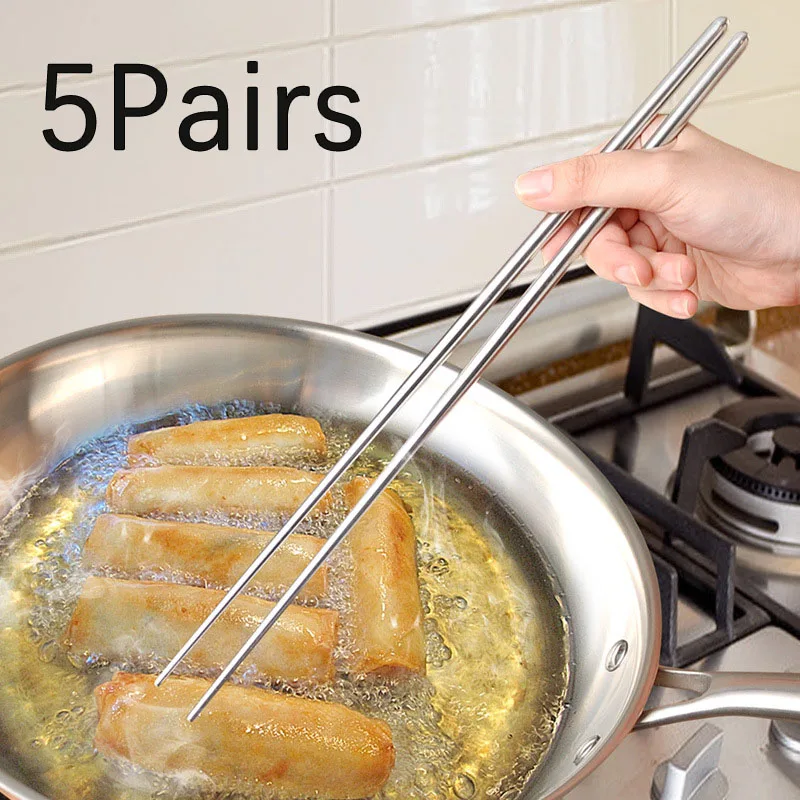 

5pairs/set 36cm 304 Stainless Steel Lengthened Chopsticks Noodle Chopsticks Fried Hot Pot Metal Chopsticks Kitchen Tableware