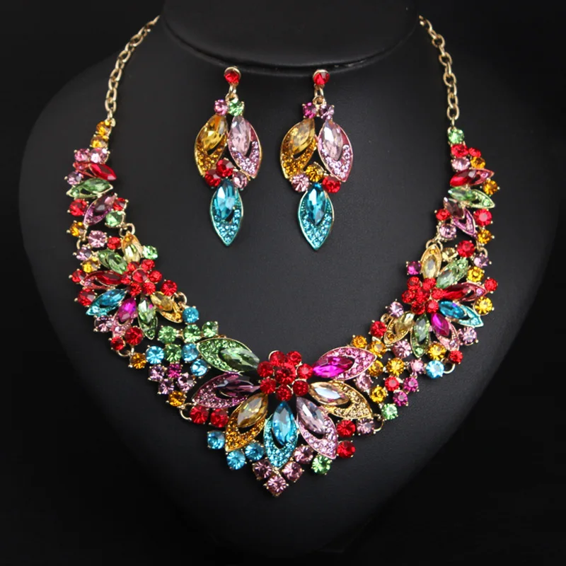 

Bohemian Geometric Multicolored Crystal Bridal Wedding Jewelry Sets For Women Statement Rhinestone Luxury Necklace Wholesale