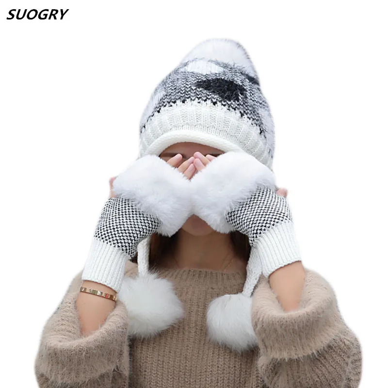 Новинка 2019 женская вязаная шапка и перчатки из кроличьего меха толстые теплые