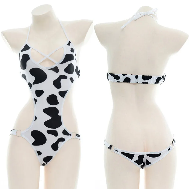 

Sexy Girl Lolita Cow Printing Sukumizu Kawaii Female Black White Halter Sleepwear Cosplay One-Piece Swimsuit Swimwear Underwear
