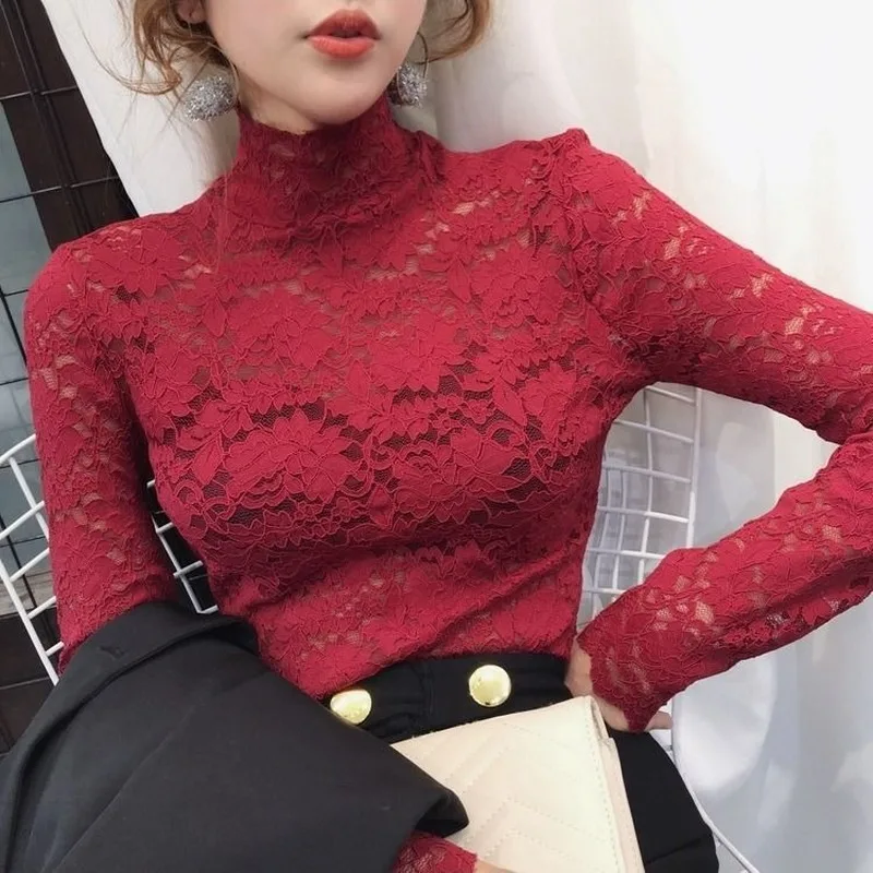 

Turtleneck Slim-Fit Lace Shirt Long-Sleeve Tops Women's Blouses Casual Korean Office Summer Autumn Bottoming Shirts Hallow Out