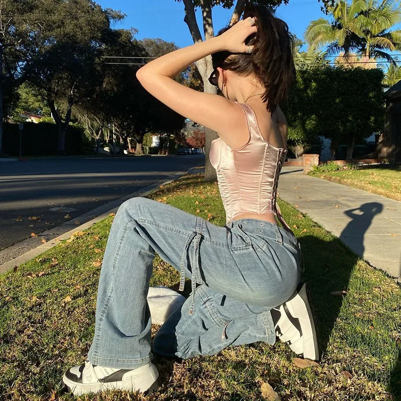 

90s Aesthetic Sashes Baggy Jeans Women Low Waist Straight Pants Patchwork Pockets Vintage Long Denim Trousers Ladies Streetwear