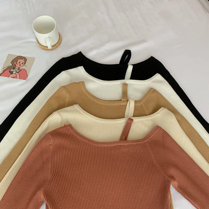 

New Women Spring Autumn Sweaters Slim Knitted Crop Tops Sexy Off Shoulder Puff Femme 2021 Solid Color Sweater Women