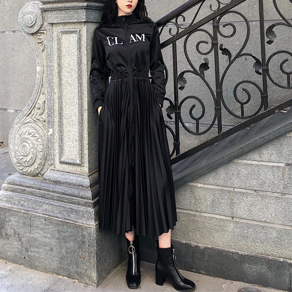 Latest women's spring pleated dress black office elegant long-sleeved stand collar celebrity party Vestidos | Женская одежда