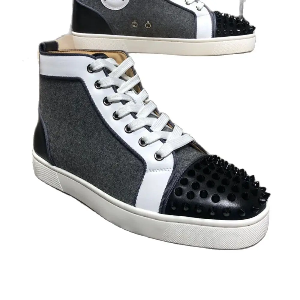 

High Top Red Bottom Shoes Color Matching Genuine Leather Toe Rivets Men Casual Spikes Sports Shoes Flats Loafers Women Sneakers