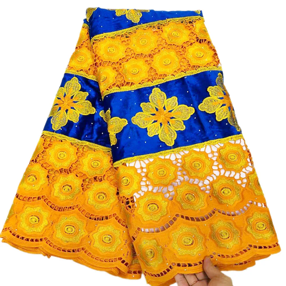 

New African Water Souble Lace Fabric With Velvet Yellow BlueFrench Guipure Fabric With Stone High Quality Nigeria Party Dress