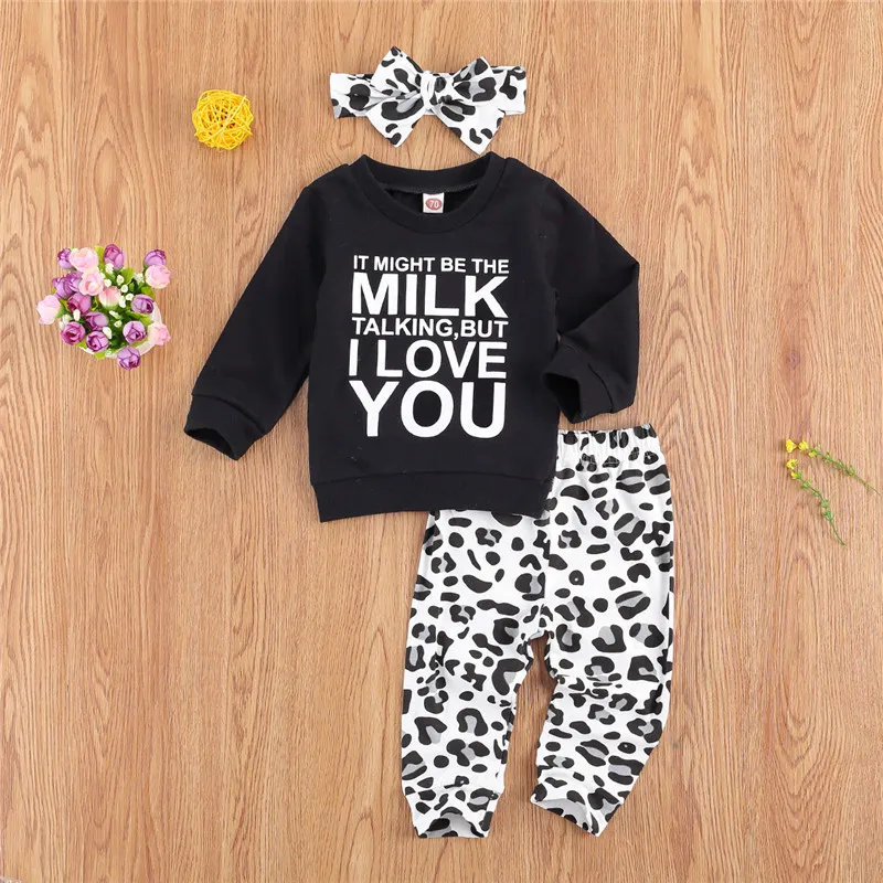 

2020 Toddler Baby Girls Boys Clothes Sets Long Sleeve Outfits Baby Autumn Letter Tops Leopard Pants Headband 3Pcs Outfits Set