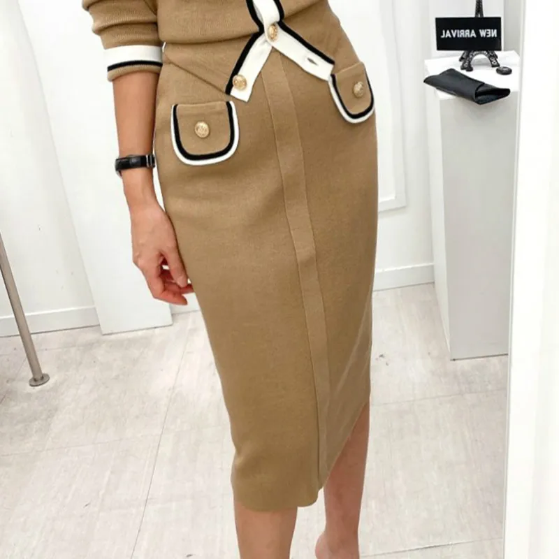 

Women's Elegant Two Piece Sets Patchwork Single Breasted Pockets Women Cardigan Empire Elastic Waist Medium Long Pencil Skirt