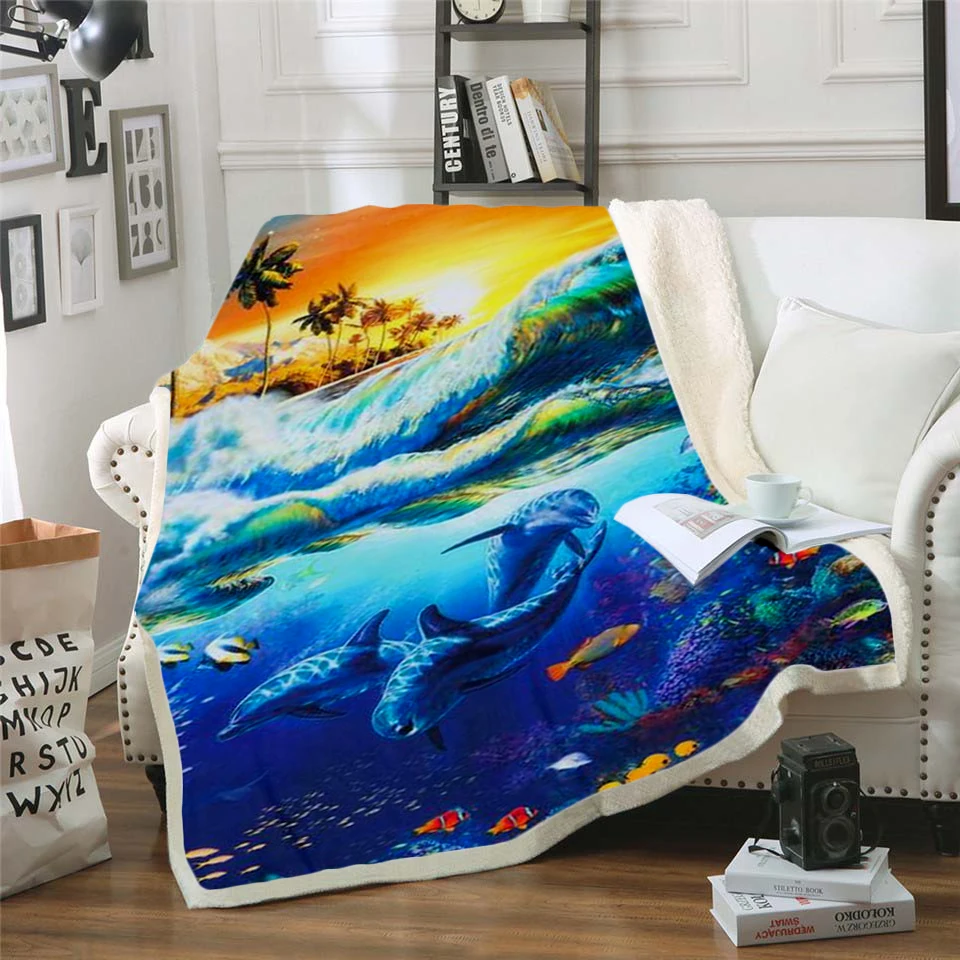 

Plstar Cosmos Cute dolphin colorful animal Blanket 3D print Sherpa Blanket on Bed Home Textiles Dreamlike style-12