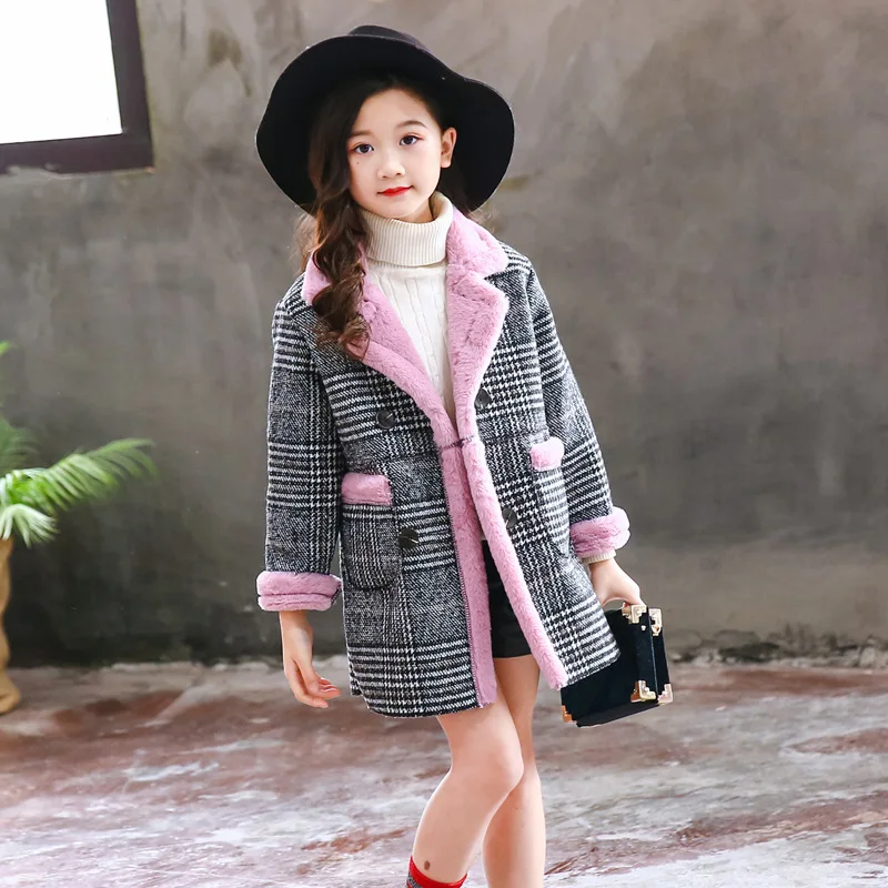 Pink Velvet Вельветовые толстые зимние хлопковые длинные куртки для девочек Детская верхняя одежда детское повседневное клетчатое шерстяное пальто с отложным воротником - Цвет: Pink Velvet