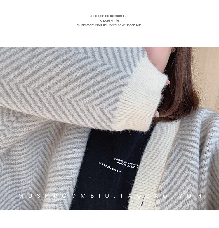 

women winter knit cardigan Striped stitching sweater ladies Long sleeve v-neck vintage cardigan