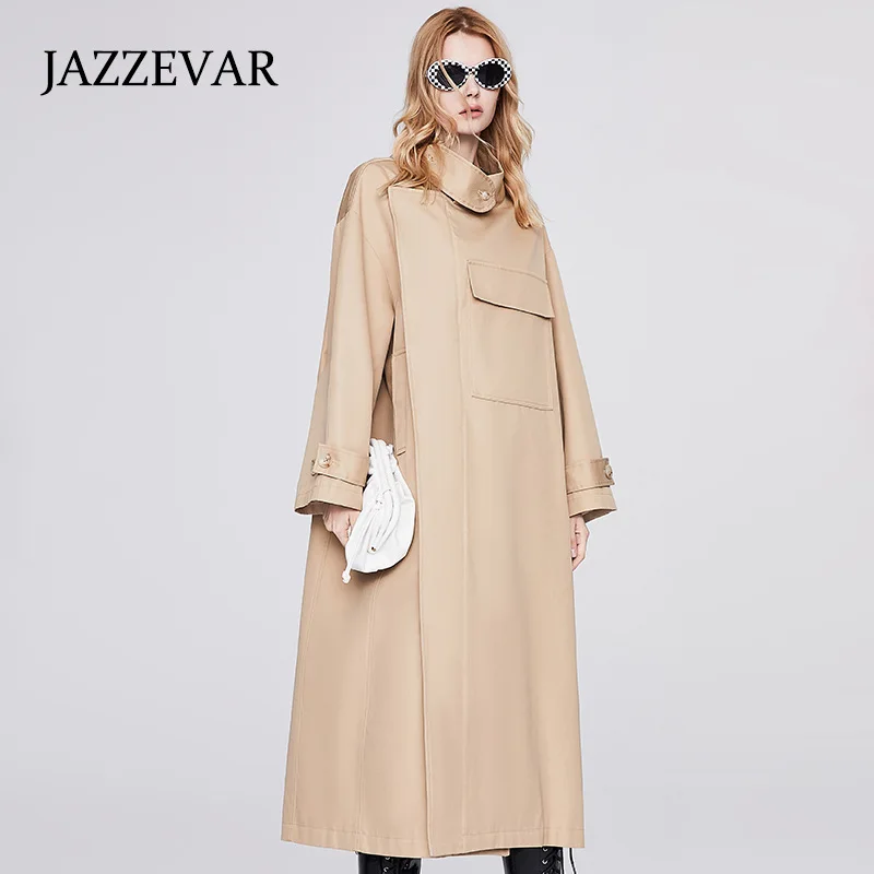 JAZZEVAR Long Silhouette Trench Coat New Autumn 2022 Gloss High Density Outerwear British Style Tooling Windbreaker Women