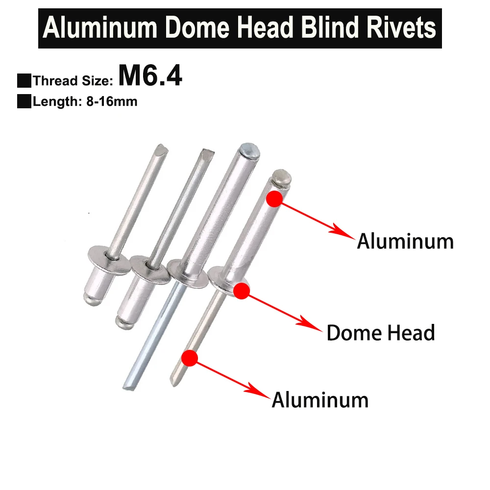 

20Pcs M6.4x8mm-16mm Pure Aluminum Blind Rivet Pull Nails Tool Round Head Self-plugging Rivet Door Nail
