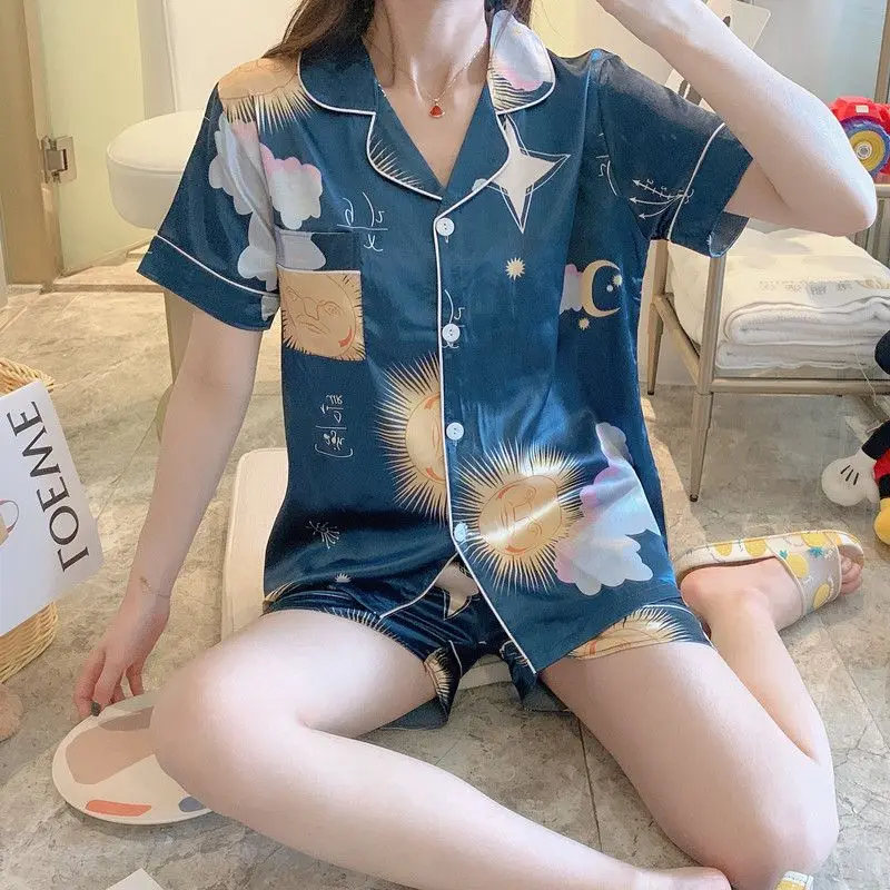 

Summer Cartoon Sky Strawberry Print Vintage Pajamas Set Women Sweet Cartoon Sleepwear Female Nightwear