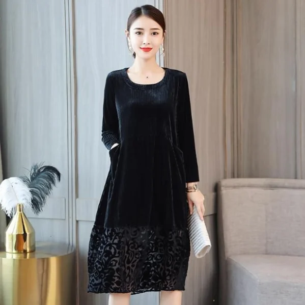 black plus size velvet autumn dress 2022 new long sleeve lace patchwork loose corduroy temperament winter dresses women AQ380 | Женская