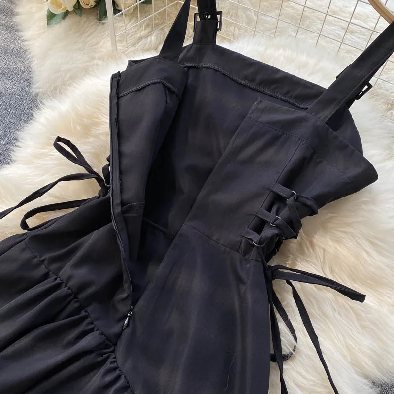 

Summer Dress Women 2021 Retro Black Gothic Bandage Slim Waist Dresses Asymmetrical Long Party Dress