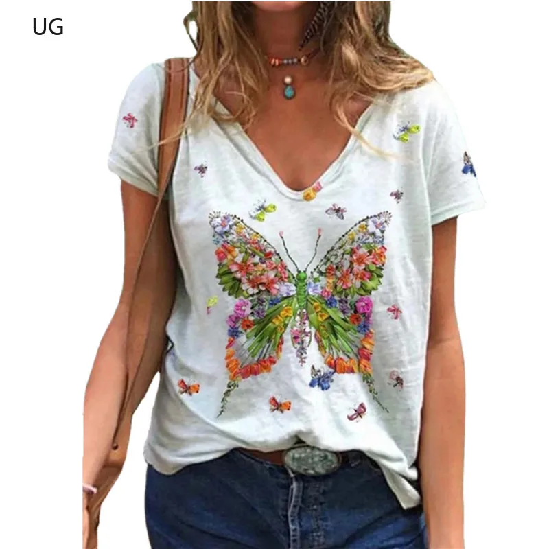 

3XL Summer Butterfly Women Cotton T Shirt Short Sleeve V-Neck Fashion Female Street Casual Loose Oversize Ladies Tops Plus Size