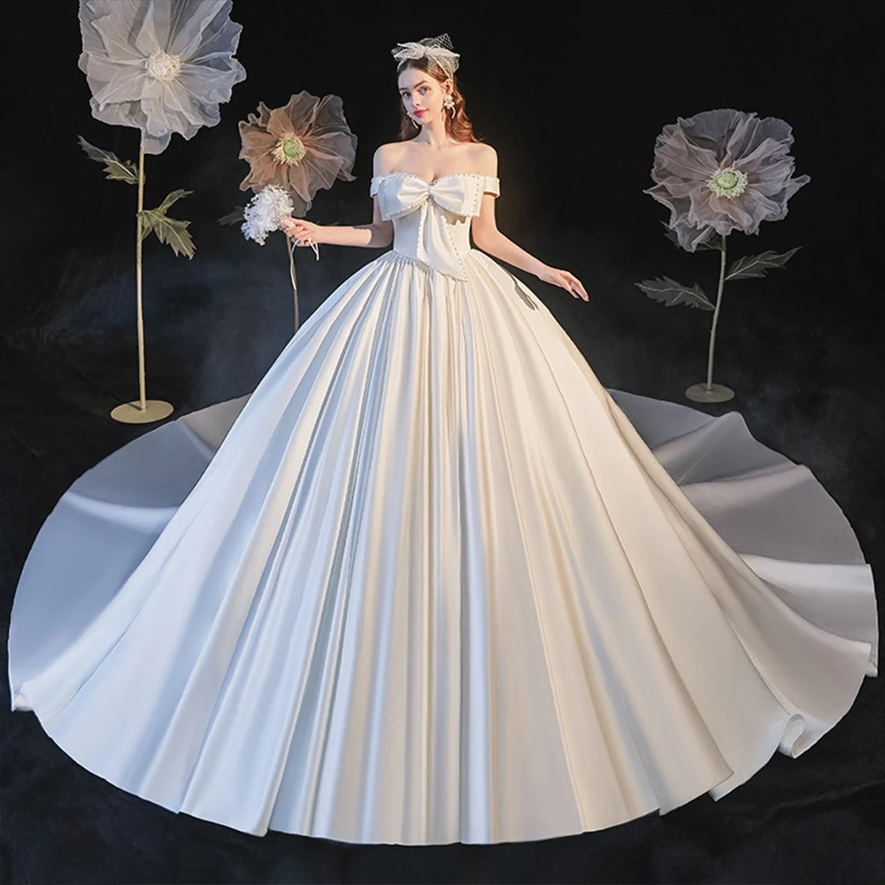

Vestido De Novia Elegant Satin Wedding Dresses 2021 with Veil Pearls Bodice Bridal Gowns Robes De Mariage Off the Shoulder