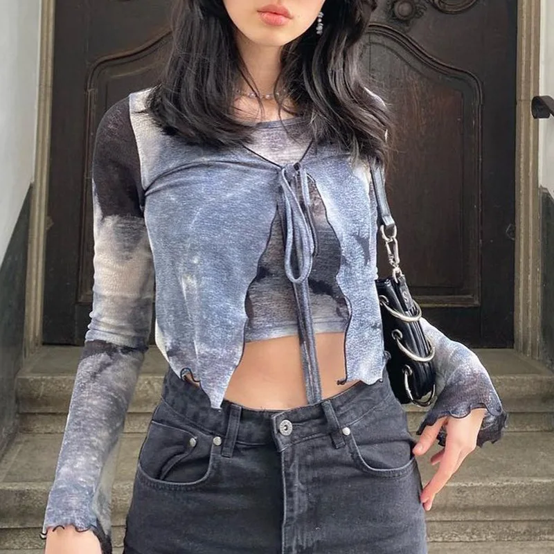 

Women's Fashion Short Cardigan Tie-dye V-neck Tie Long-sleeved T-shirt Women Casual Short Tops 2021 Summer New Ladies' T-shirts
