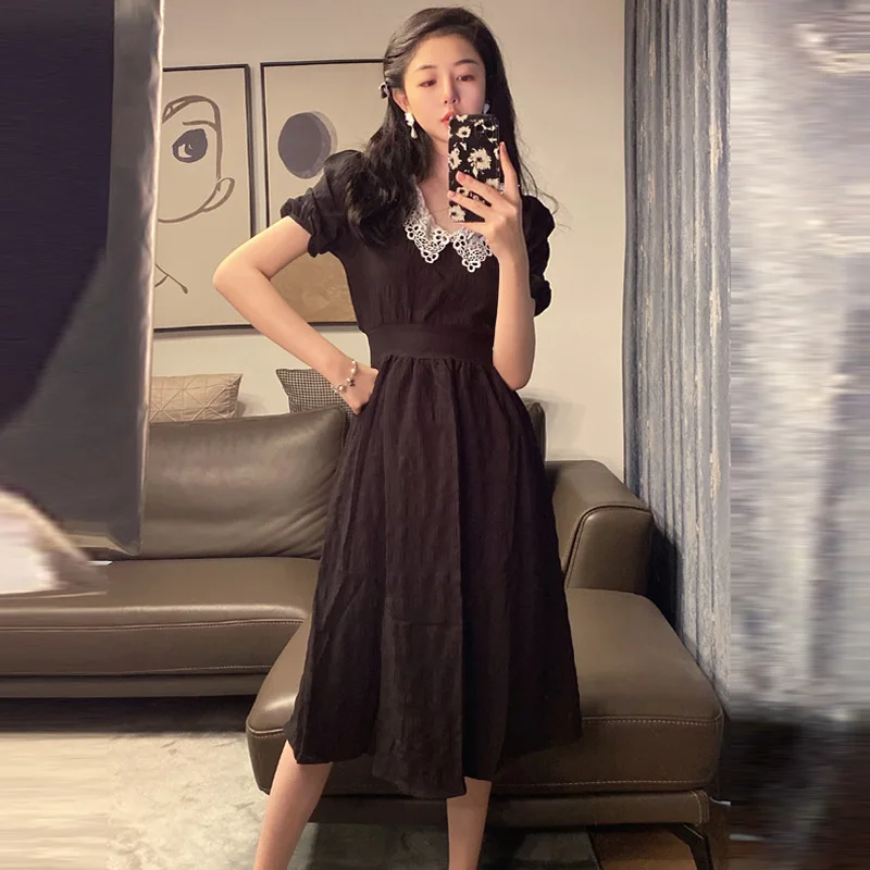 

Short-Sleeved Dress Female Summer Retro Little Black Dress 2021 New Design Sense Temperament Waist Slim Skirt