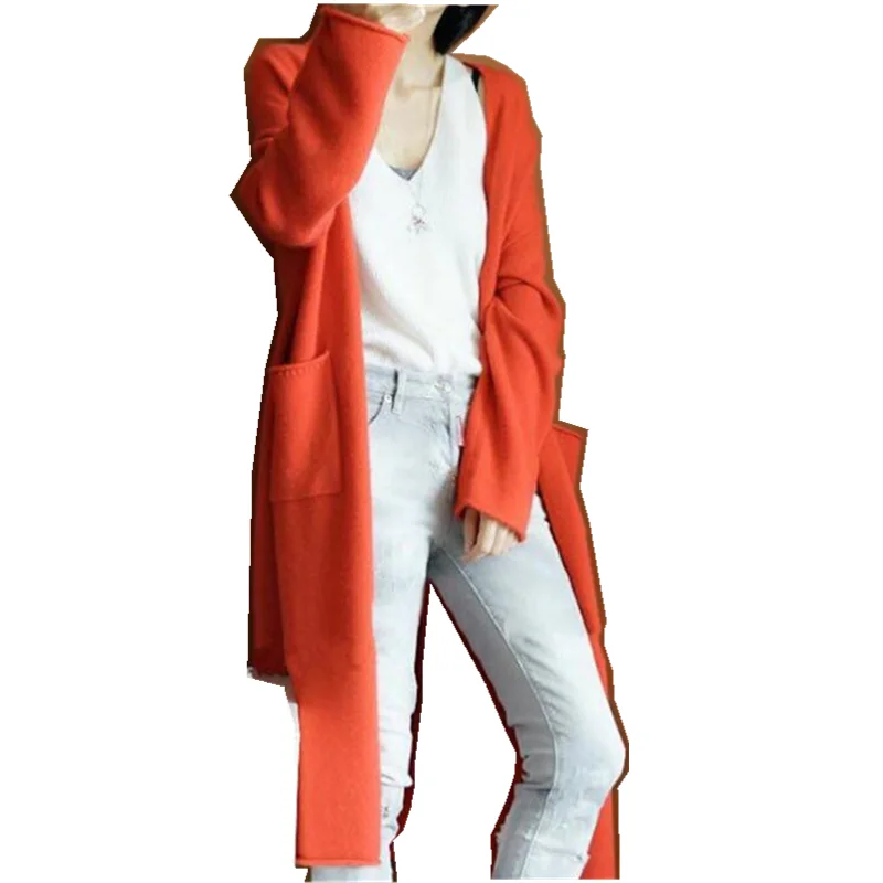 Женский свитер с длинным рукавом вязаный оранжевый длинный кардиган Осень-зима