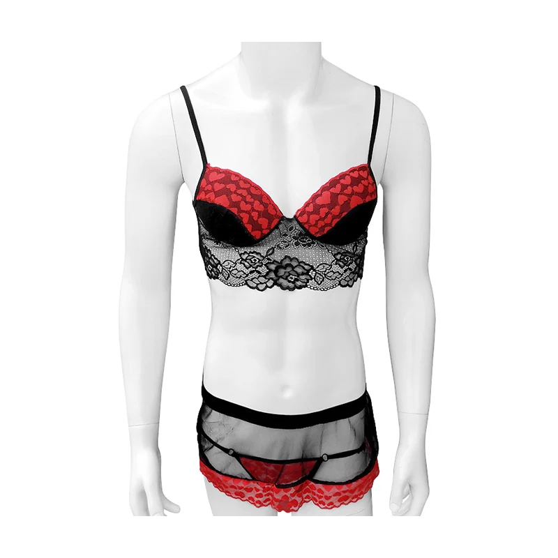

Мужские кружевные комплекты с бюстгальтером и юбкой-мини