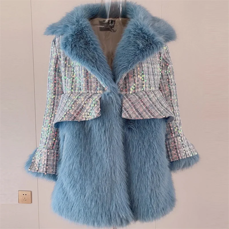 High-Quality 2022 New Ladies Temperament Coat Mid-Length Loose Sequined Coat Office Femme Winter Faux Fur Outwear Thicken Mujer