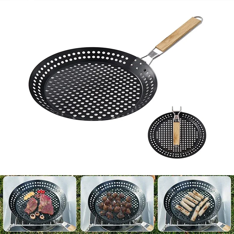 

Outdoor Camping Foldable Round Frying Pan Picnic BBQ Heat Resistant Steak Grilled Skillet Barbecue Tray with Wooden Handle