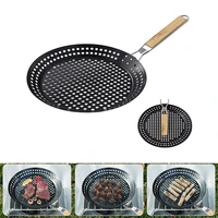 outdoor camping foldable round frying pan picnic bbq heat resistant steak grilled skillet barbecue tray with wooden handle