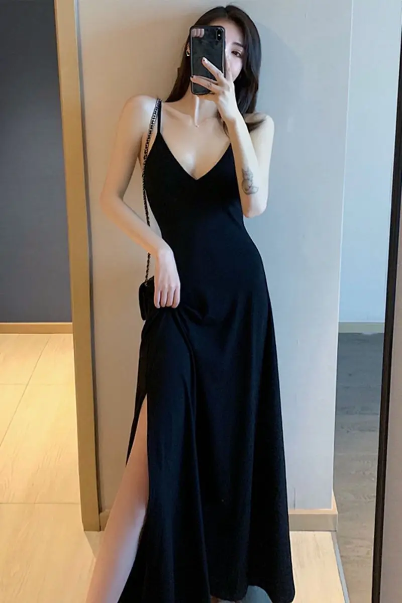 

XUXI Women Sexy Dress Sexy V-neck Split Fork Long Skirt Slim Draw Back Female Fashion Sling Dress Summer 2021 E686