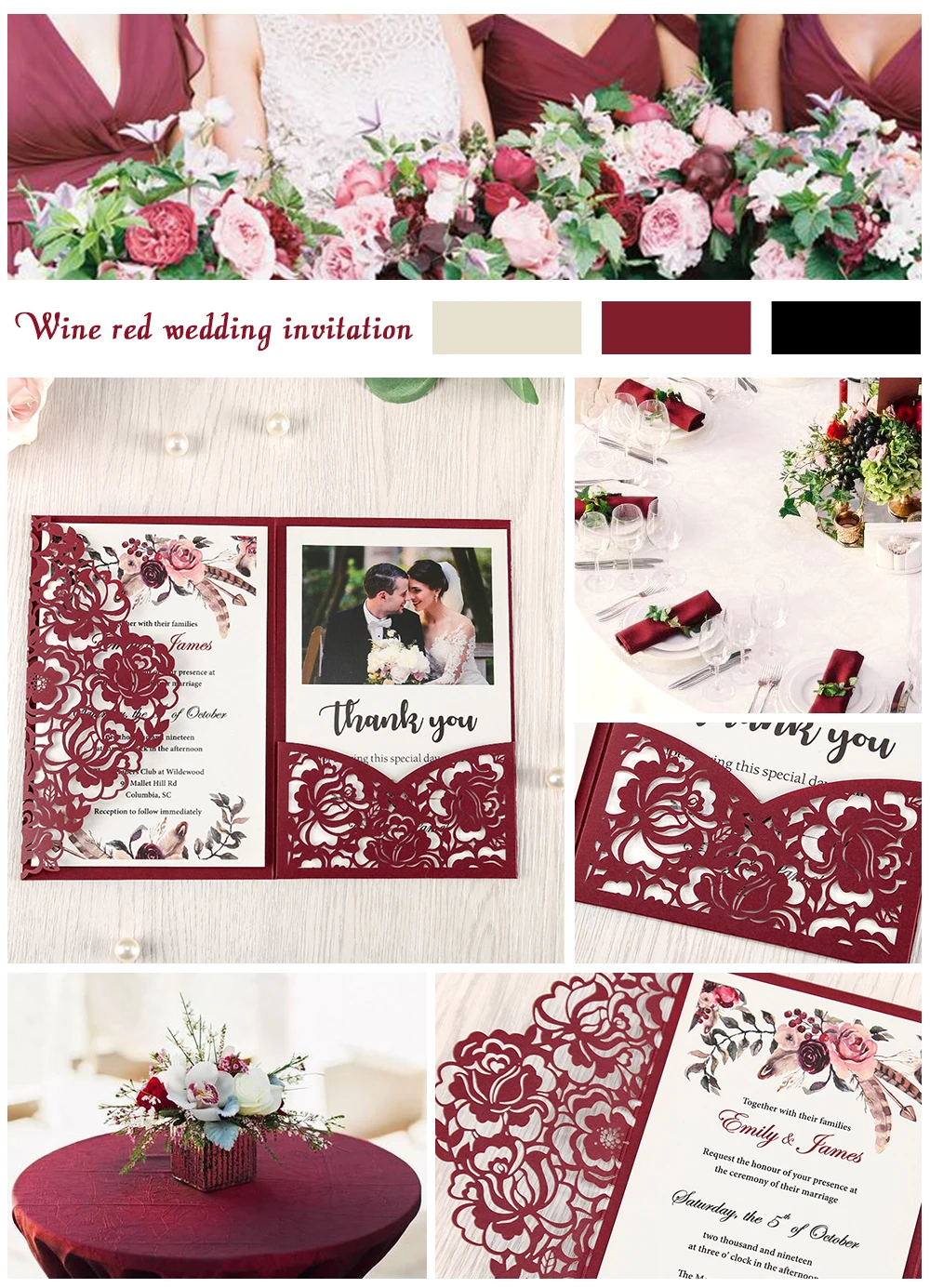 50 шт. свадебные приглашения бордового цвета лазер вырезанный цветок