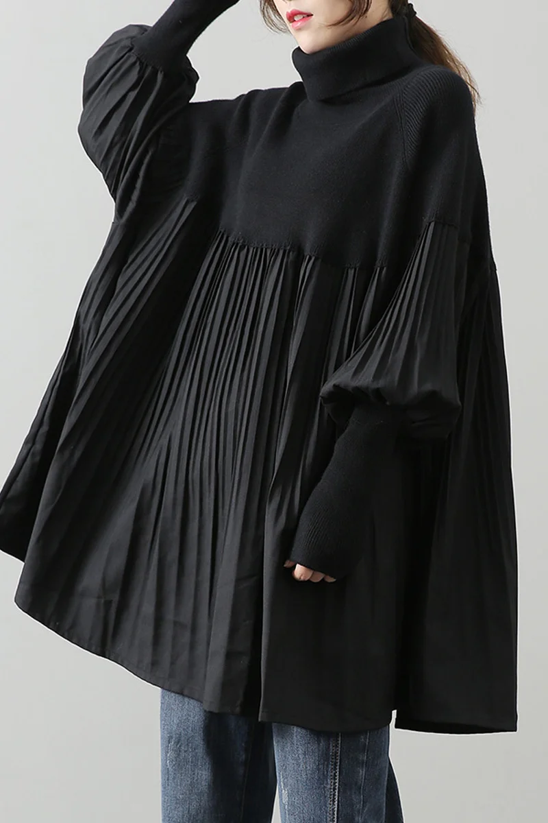 

SuperAen Solid Patchwork Pleated Bat Sleeve Turtleneck 2020 Autumn Bottoming Loose Casual Sweaters